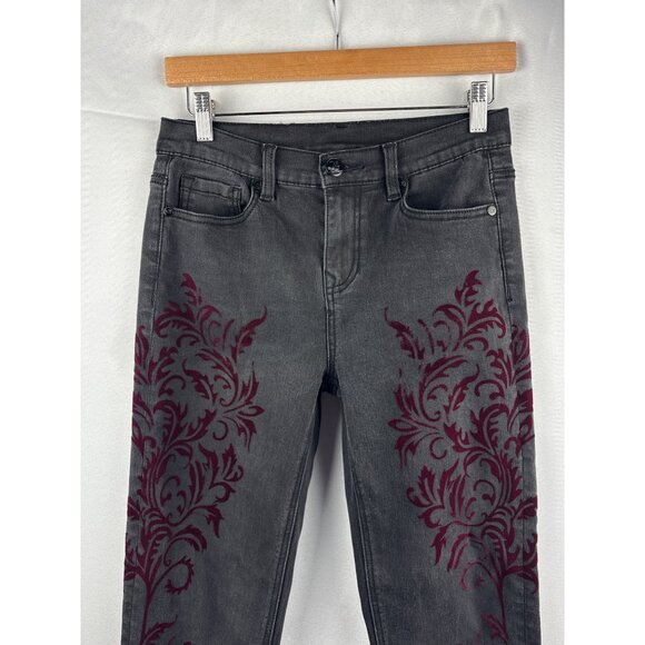 DG2 Diane Gilman Womens Size 4P Gray Jeans With Red Flocked Floral Pattern Stret - Picture 1 of 7